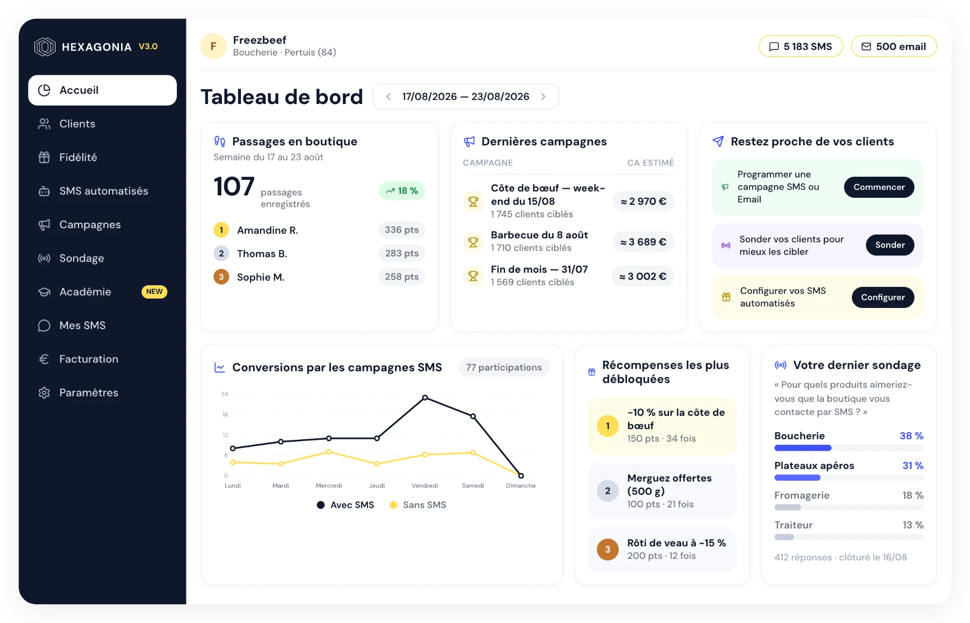 Tableau de bord Hexagonia de la boucherie Freezbeef : passages en boutique, dernières campagnes SMS et chiffre d'affaires estimé